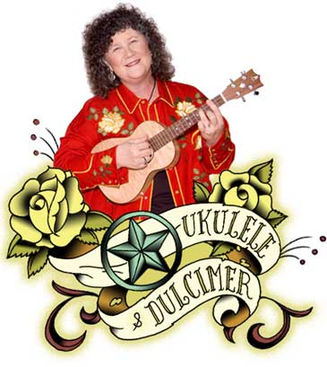 Deb, wearing a red country shirt embellished with yellow roses and pearl buttons, strums a maple ukulele customized with her signature descending dove inlayed into its headstock and fretboard.  Surrounding Deb�s photo is a retro 1950s tattoo-style illustration of a banner proclaiming �Ukulele & Dulcimer� framed by two pale yellow roses and a grayish-green colored Texas star.