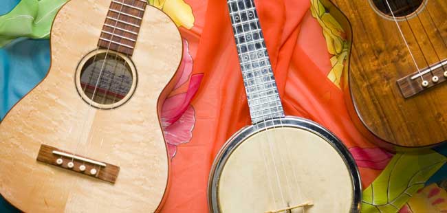 Deb's Three Ukuleles one made from blond wood, another (a silver-colored Dixie Banjo-Uke) made of metal, and a third of dark walnut.